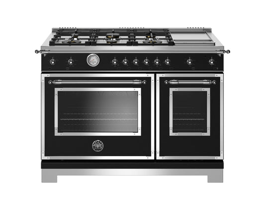 Bertazzoni Heritage Series 48" 6 Brass Burners Nero Matt Propane Gas Range With 7.1 Cu.Ft. Double Oven and Electric Griddle