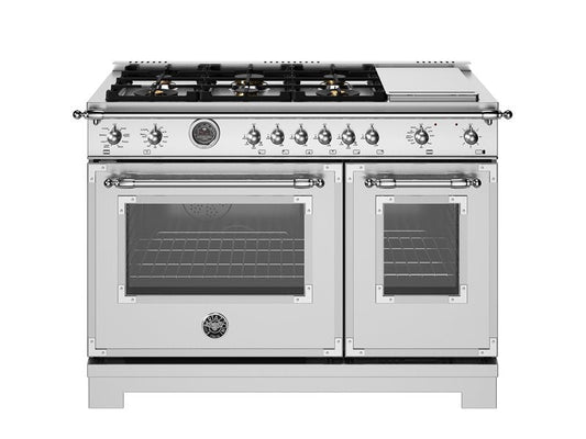 Bertazzoni Heritage Series 48" 6 Brass Burners Stainless Steel Propane Gas Range With 7 Cu.Ft. Electric Self-Clean Double Oven and Electric Griddle