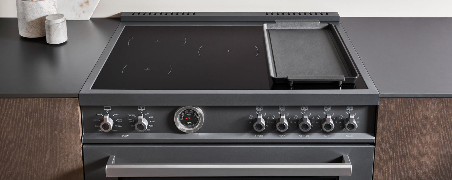 Bertazzoni Professional Series 36" 5 Heating Zones Carbonio Freestanding Induction Range With 5.7 Cu.Ft. Electric Self-Clean Oven and Cast Iron Griddle