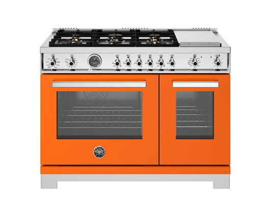 Bertazzoni Professional Series 48" 6 Brass Burners Arancio Freestanding Dual Fuel Range With 7 Cu.Ft. Electric Self-Clean Oven and Electric Griddle