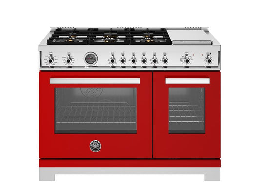 Bertazzoni Professional Series 48" 6 Brass Burners Rosso Freestanding Dual Fuel Range With 7 Cu.Ft. Electric Self-Clean Oven and Electric Griddle