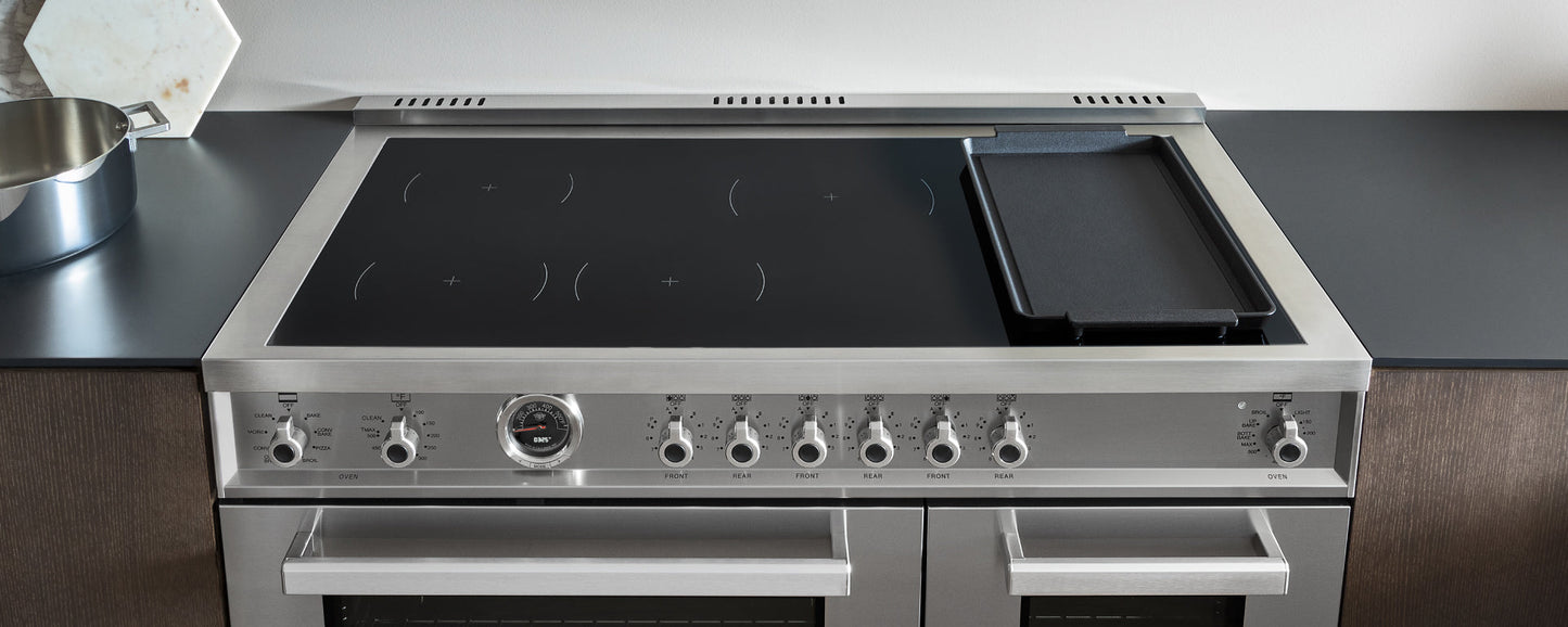 Bertazzoni Professional Series 48" 6 Heating Zones Carbonio Freestanding Induction Range With 7 Cu.Ft. Electric Self-Clean Double Oven and Cast Iron Griddle
