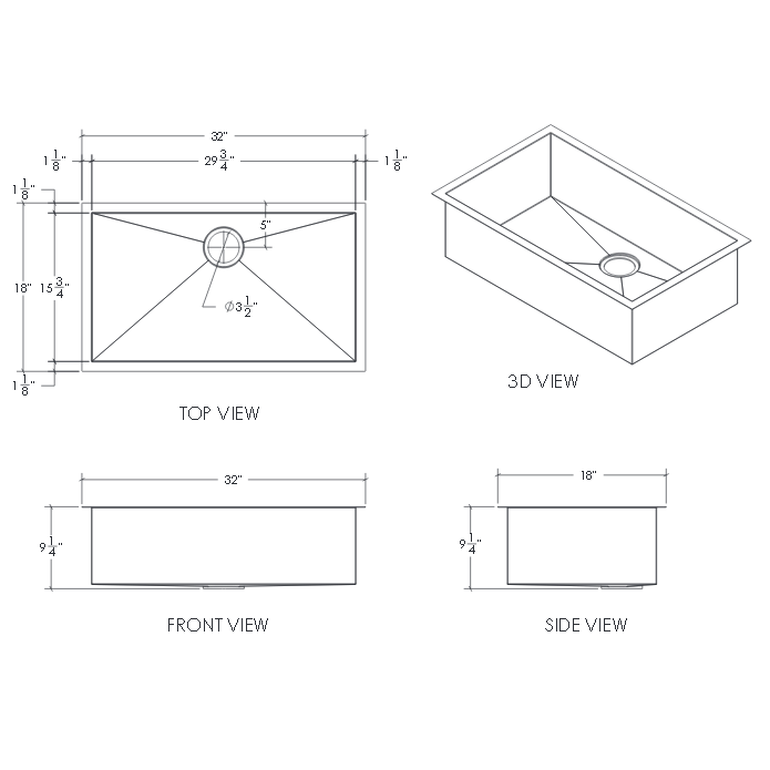 Cantrio Koncepts 32" Rectangle Undermount 18-Gauge Stainless Steel Single Bowl Kitchen Sink With Strainer Drain