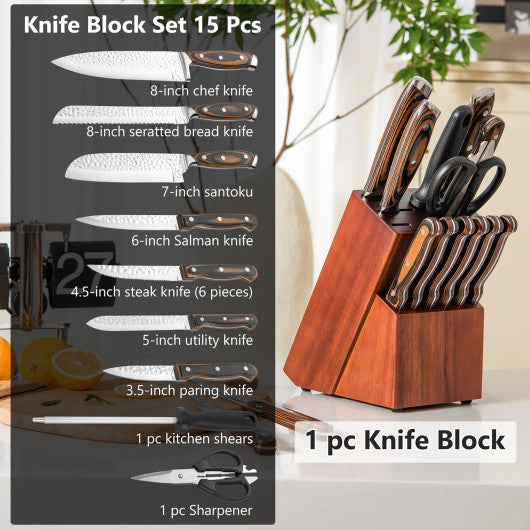 Costway 15 Pieces Stainless Steel Knife Block Set with Ergonomic Handle - KC54177