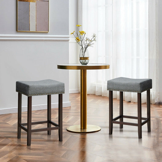 Costway 2 Pieces Gray Nailhead Saddle Bar Stools with Fabric Seat and Wood Legs