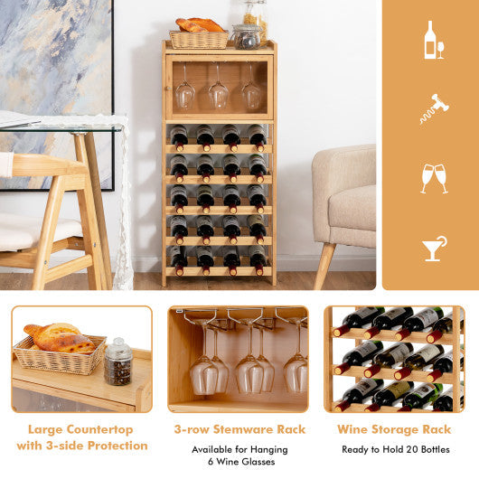 Costway 20-Bottle Natural Freestanding Bamboo Wine Rack Cabinet with Display Shelf and Glass Hanger