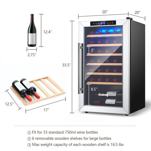 Costway 20" Silver Wine Refrigerator for 33 Bottles and Tempered Glass Door
