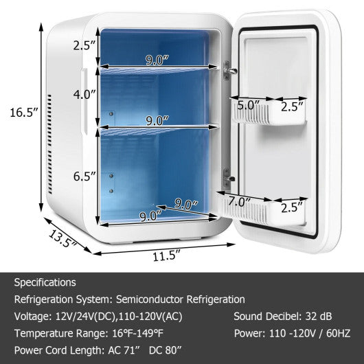 Costway 20L White Compact Portable Makeup Skincare Fridge