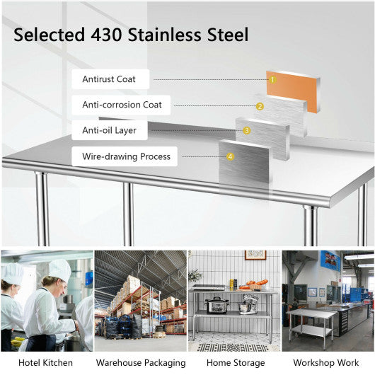 Costway 24" x 48" Stainless Steel Table for Prep and Work with Backsplash