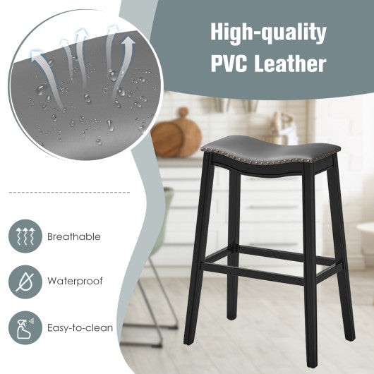 Costway 29" Set of 2 Black Backless Wood Nailhead Barstools with PVC Leather Seat