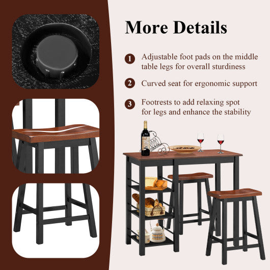 Costway 3 Piece Counter Height Dining Table Set with 2 Saddle Stools and Storage Shelves