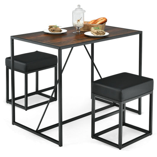 Costway 3 Pieces Brown Dining Set Metal Frame Kitchen Table and 2 Stools