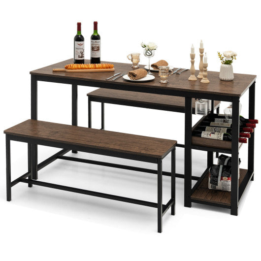 Costway 3 Pieces Brown Dining Table Set for 4 with Wine Rack