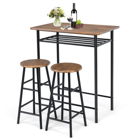 Costway 3 Pieces Dark Walnut Bar Table Set with 2 Stools