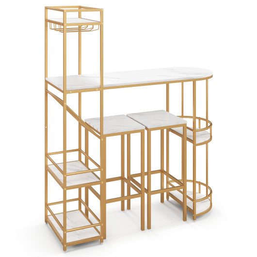 Costway 3 Pieces Golden Bar Table Set with Storage Shelves and Wine Rack