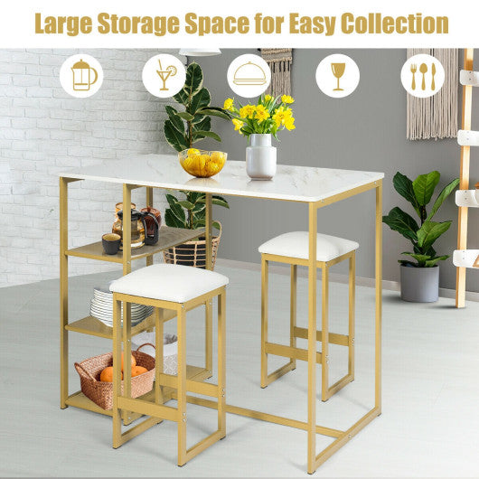 Costway 3 Pieces Golden Dining Set with Faux Marble Top Table and 2 Stools