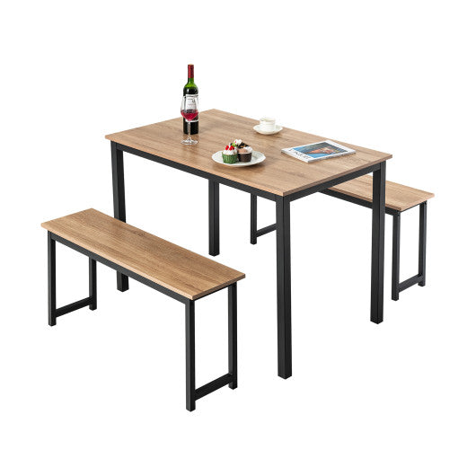Costway 3 Pieces Natural Dining Table Set with 2 Benches for Dining Room Kitchen Bar