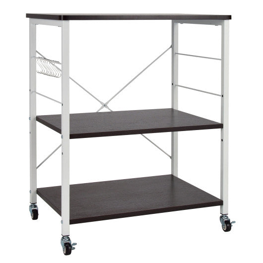 Costway 3-Tier Deep Brown Kitchen Baker's Rack Microwave Oven Storage Cart with Hooks
