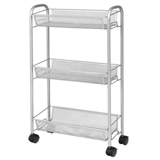Costway 3-Tier Gray Mesh Rolling Cart Mobile Organizer Stand Utility Cart Trolley