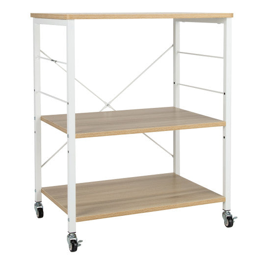 Costway 3-Tier Light Brown Kitchen Baker's Rack Microwave Oven Storage Cart with Hooks
