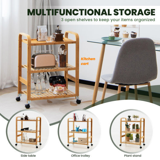 Costway 3-Tier Multifunctional Bamboo Kitchen Rolling Cart with Locking Casters and Sided Handles