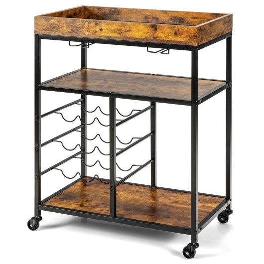 Costway 3-Tier Rustic Brown Wood Rolling Kitchen Serving Cart with 9 Wine Bottles Rack Metal Frame