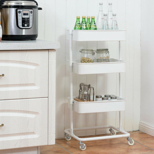 Costway 3-Tier White Metal Rolling Storage Cart Mobile Organizer with Adjustable Shelves