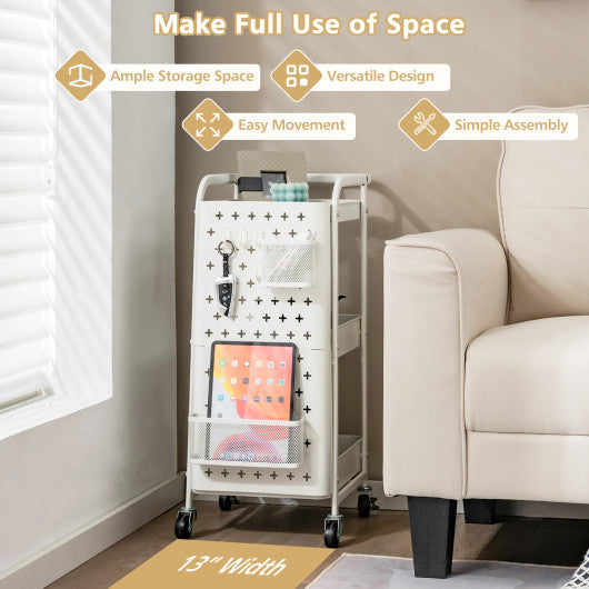 Costway 3-Tier White Utility Storage Cart with DIY Pegboard Baskets