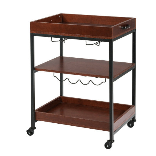 Costway 3 Tiers Kitchen Island Serving Bar Cart with Glasses Holder and Wine Bottle Rack