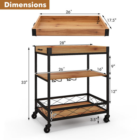 Costway 3 Tiers Natural Industrial Bar Serving Cart with Utility Shelf and Handle Racks