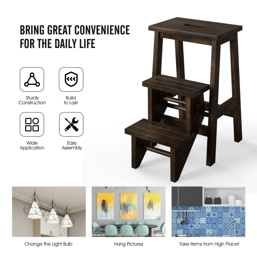 Costway 3-in-1 Brown Rubber Wood Step Stool with Convenient Handle