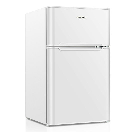 Costway 3.3 Cubic Feet White Compact Refrigerator with Freezer 2 Reversible Door Mini Fridge