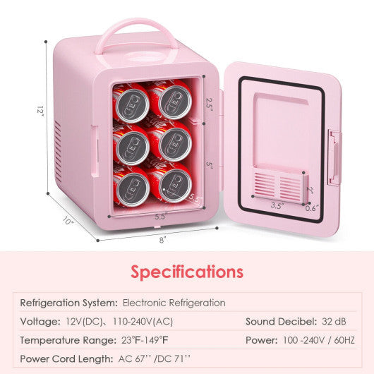 Costway 4 Liter Pink Portable Mini Cooler Warmer Fridge with Ergonomic Handle AC/DC Powered