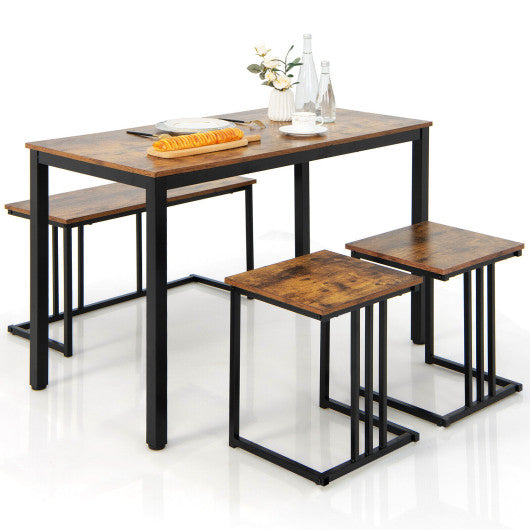 Costway 4 Pieces Brown Industrial Dining Table Set with Bench and 2 Stools