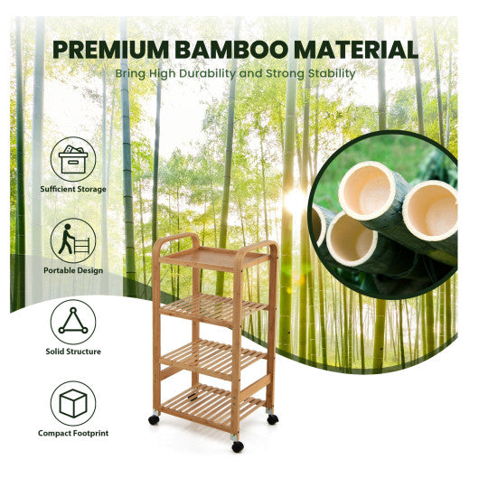 Costway 4-Tier Bamboo Utility Cart with Storage Shelf and Lockable Casters
