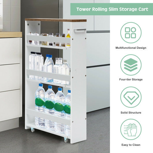 Costway 4 Tiers White Rolling Slim Storage Kitchen Organizer Cart with Handle