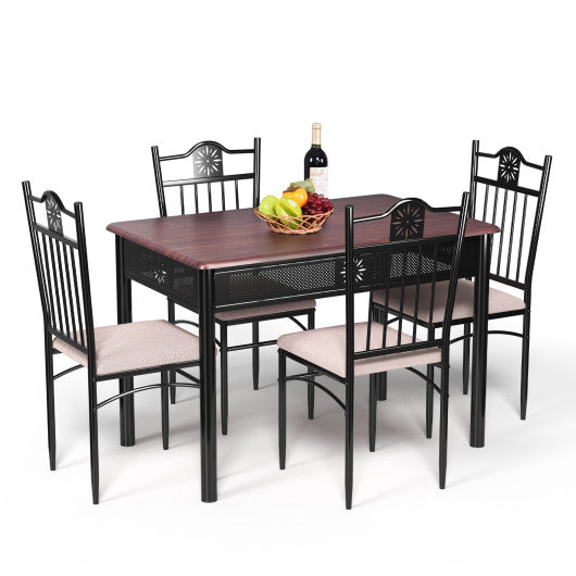 Costway 5 Pieces Dining Set Wood Metal Table and 4 Chairs with Cushions