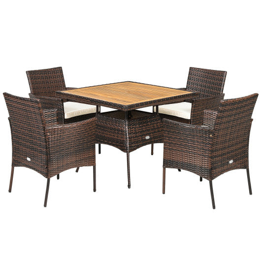 Costway 5 Pieces Patio Rattan Dining Furniture Set with Arm Chair and Wooden Table Top