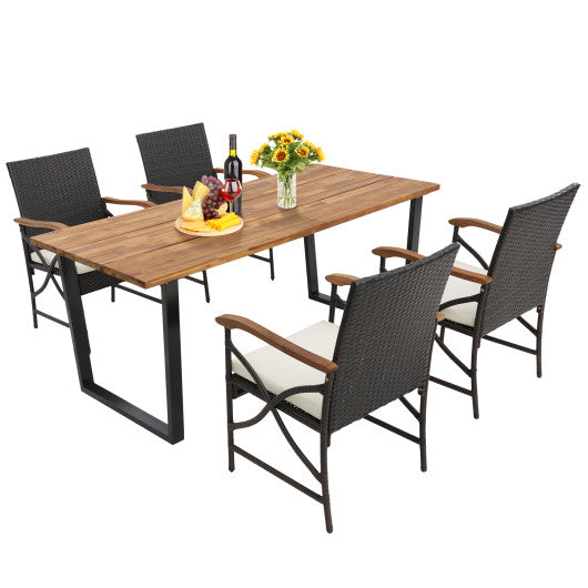 Costway 5 Pieces Patio Rattan Dining Set with Acacia Wood Tabletop and Armrests