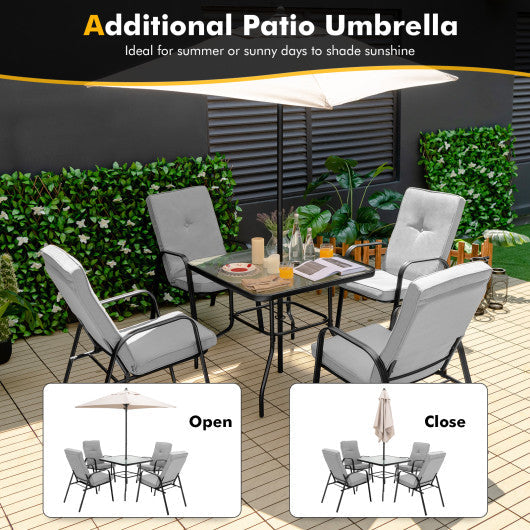 Costway 6 Pieces Patio Dining Set with Umbrella and Stackable Cushioned Chairs