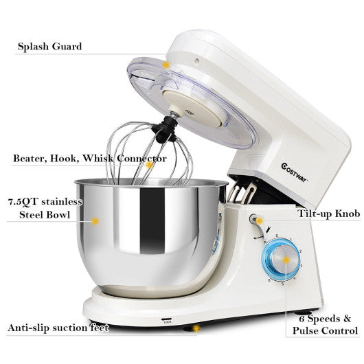 Costway 6 Speed 7.5 Qt Tilt-Head Stainless Steel White Electric Food Stand Mixer