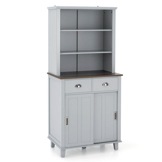 Costway Freestanding Kitchen Pantry with Hutch Sliding Door and Drawer-White - Color: White