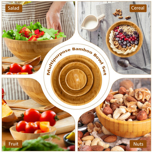 Costway 8 Pieces Natural Bamboo Salad Bowl Set with Server Utensils