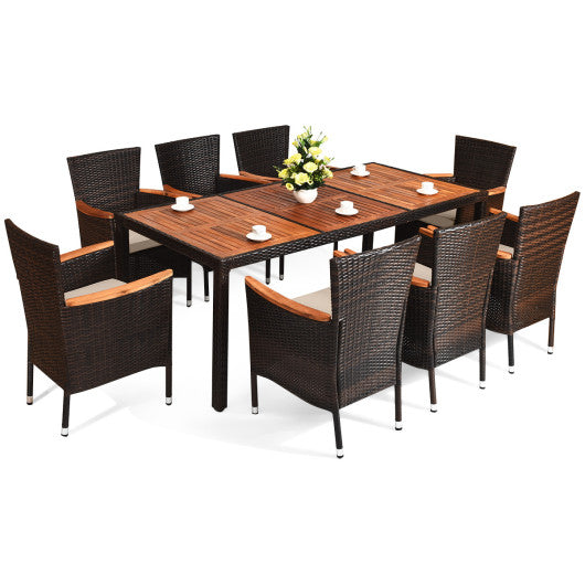 Costway 9 Pieces Rattan Dining Set with Acacia Wood Table and Stackable Cushioned Chairs