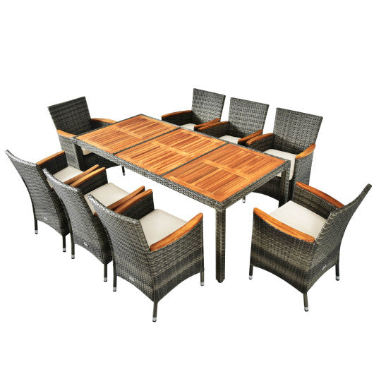 Costway 9 Pieces Rattan Patio Dining Set with Acacia Wood Table and Cushioned Chair