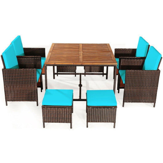 Costway 9 Pieces Turquoise Patio Rattan Dining Cushioned Chairs Set