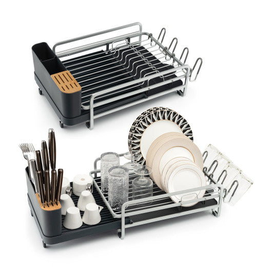 Costway Aluminum Expandable Dish Drying Rack with Drainboard and Rotatable Drainage Spout