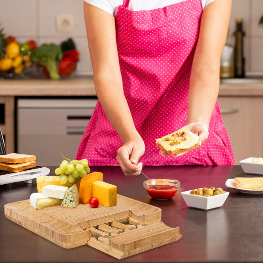 Costway Bamboo Cheese Board and Knife Set with Slide-out Drawer