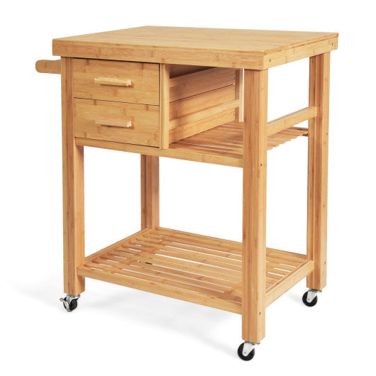 Costway Bamboo Kitchen Trolley Cart with Tower Rack and Drawers