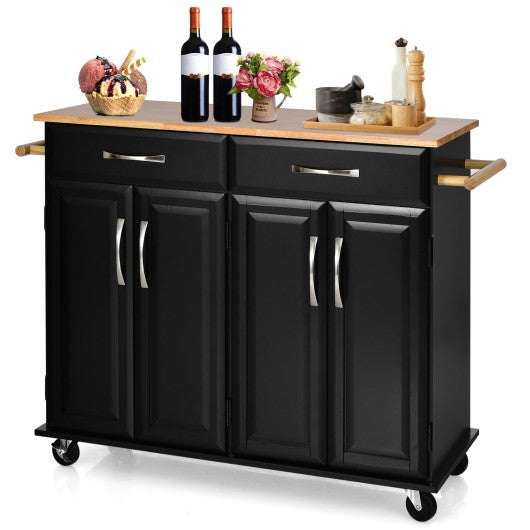 Costway Black 4-Door Rolling Kitchen Island Cart Buffet Cabinet with Towel Racks Drawers